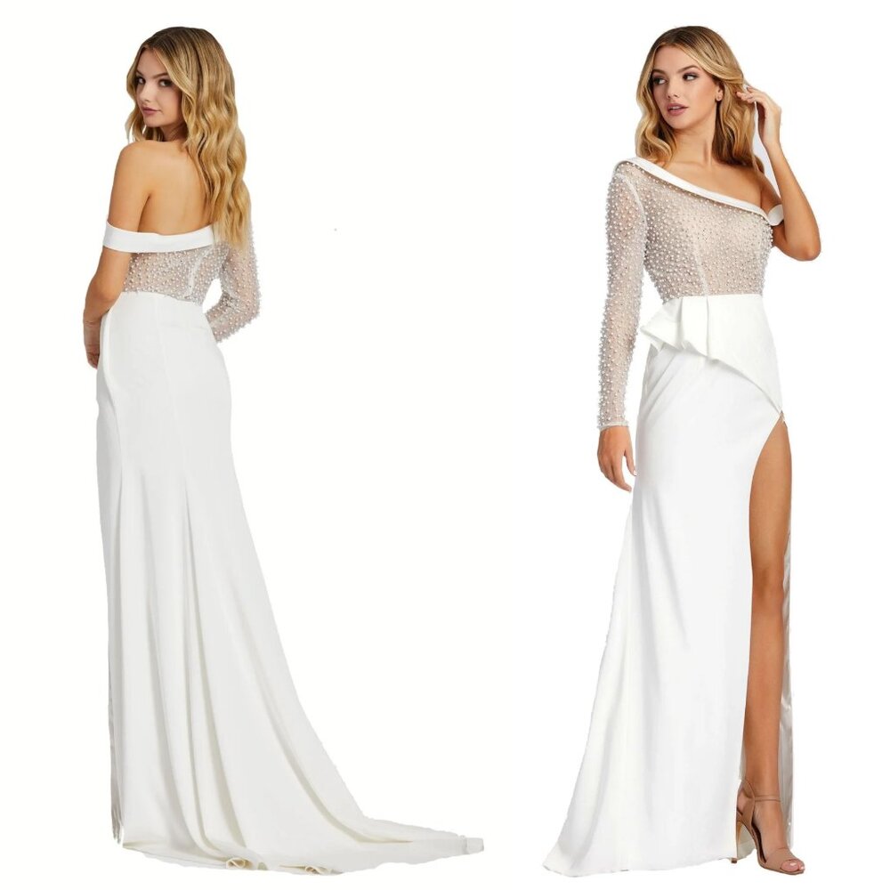MAC DUGGAL | Pearl Beaded Slit Asymmetric Gown #11126